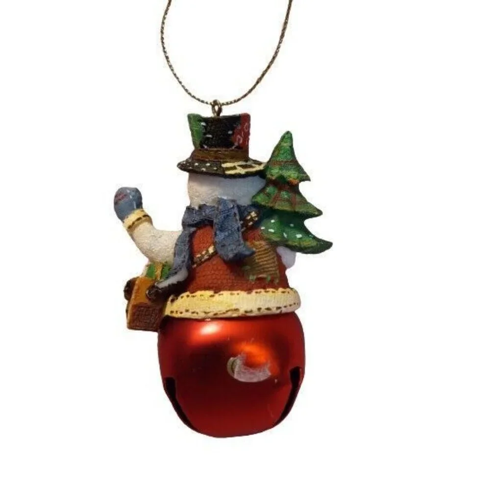 Snowman Bell Christmas Ornament Tree Gift Basket Resin Metal Hanging Vintage